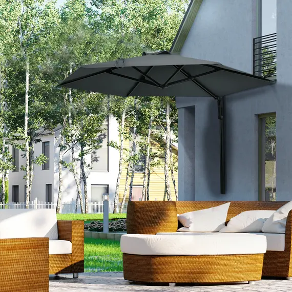 Buy 2.5m Wall Mounted Parasol, Hand to Push Outdoor Patio Umbrella with 180 Degree Rotatable Canopy for Porch, Deck, Garden, 250 cm, Dark Grey, 2 image