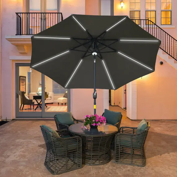Buy 2.7m Garden Parasol Sun Umbrella w/ LED Solar Light Angled Canopy Grey, 2 image