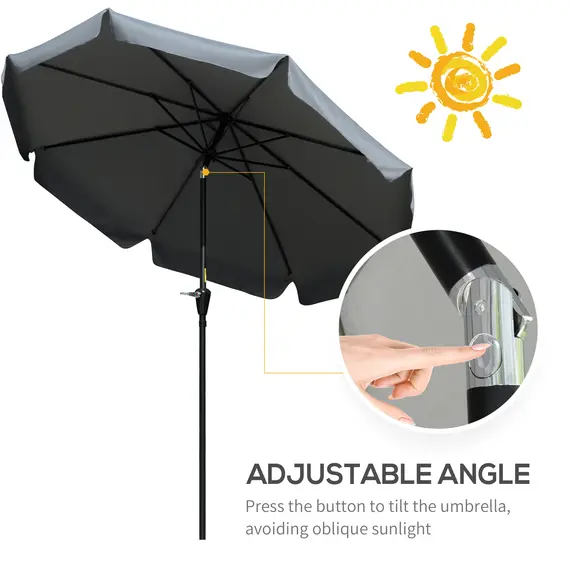 Buy 2.7m Patio Parasol Garden Umbrellas Outdoor Sun Shade Table Umbrella with Tilt, Crank, 8 Ribs, Ruffles, Grey, 4 image