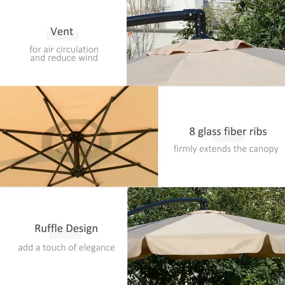 Buy 2.7m Cantilever Parasol Banana Sun Umbrella with Crank Handle and Cross Base for Outdoor Hanging Sun Shade Light Brown, 6 image