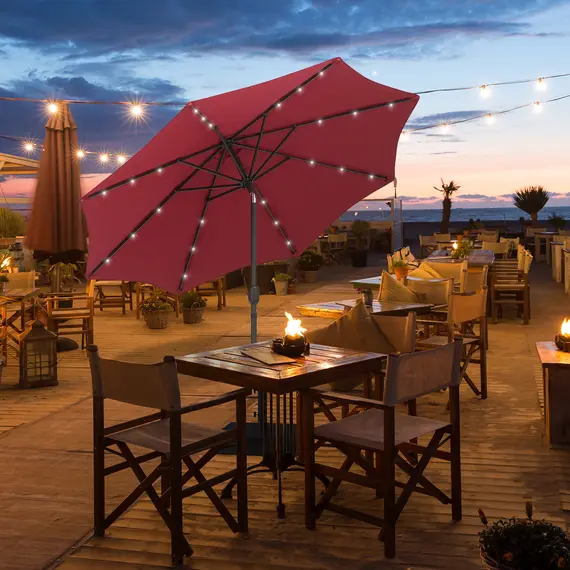 Buy 2.7m Patio Garden Umbrella Outdoor Parasol with Tilt Crank and 24 LEDs Lights (Red), 2 image