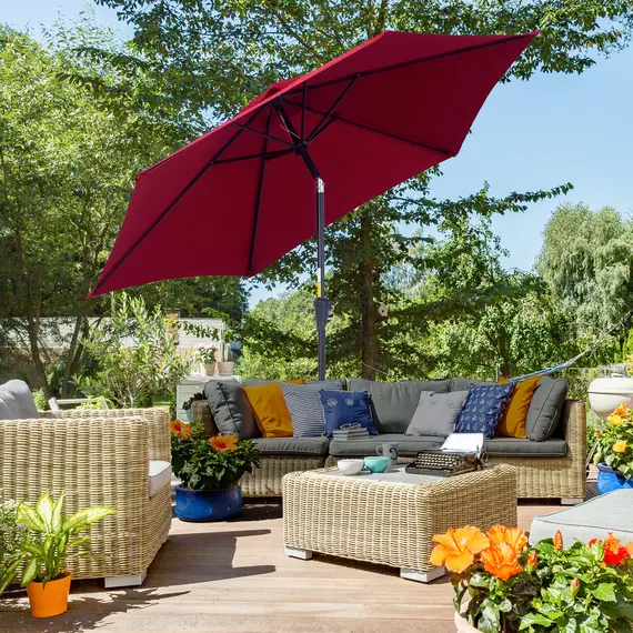 Buy 2.6M Garden Parasol Umbrella with Tilt and Crank, Outdoor Sun Parasol Sunshade Shelter with Aluminium Frame, Wine Red, 2 image