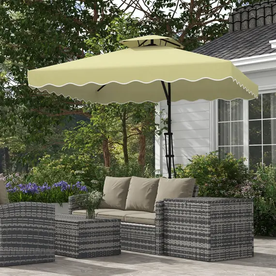 Buy 2.5m Square Double Top Garden Parasol Cantilever Umbrella with Ruffles, Beige, 2 image