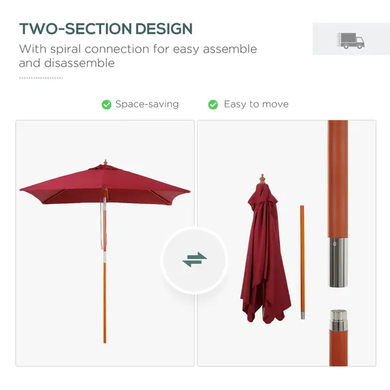 Buy 2m x 1.5m Garden Parasol Umbrella with Tilting Sunshade Canopy, Outdoor Market Table Umbrella with Wood and Bamboo Frame, Wine Red, 7 image