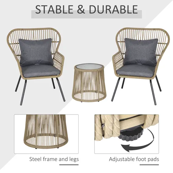 Buy 3 Pieces Rattan Bistro Set, Wicker Garden Furniture Set with Cushions, Glass Top Coffee Table and Chairs for Outdoor, Patio, Balcony, Brown, 6 image