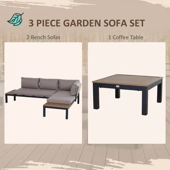 Buy 3 Pieces Garden Furniture Set, Aluminium 4 Seater Corner Sofa Set with 2 Loveseats, Coffee Table and Side Trays, Outdoor Conversation Furniture with Cushions for Garden, Black, 4 image