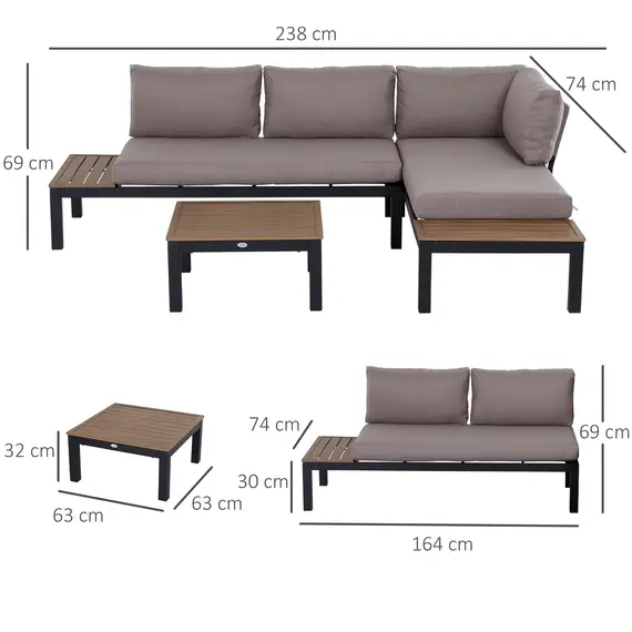 Buy 3 Pieces Garden Furniture Set, Aluminium 4 Seater Corner Sofa Set with 2 Loveseats, Coffee Table and Side Trays, Outdoor Conversation Furniture with Cushions for Garden, Black, 3 image
