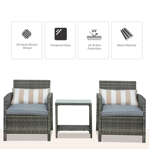 Buy 3 Pieces Rattan Bistro Set, Wicker Garden Furniture Set, Glass Top 2-tier Coffee Table and Chairs Set with Pillows and Washable Cushions for Outdoor, Patio, Balcony, Grey, 4 image