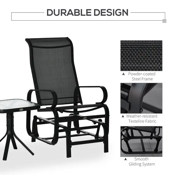 Buy 3 Pieces Garden Gliding Chair Set, Metal Frame 2 Single Armchair Swing Seater and 1 Glass Top Coffee Table w/ Breath Mesh Fabric Seat, Black, 5 image