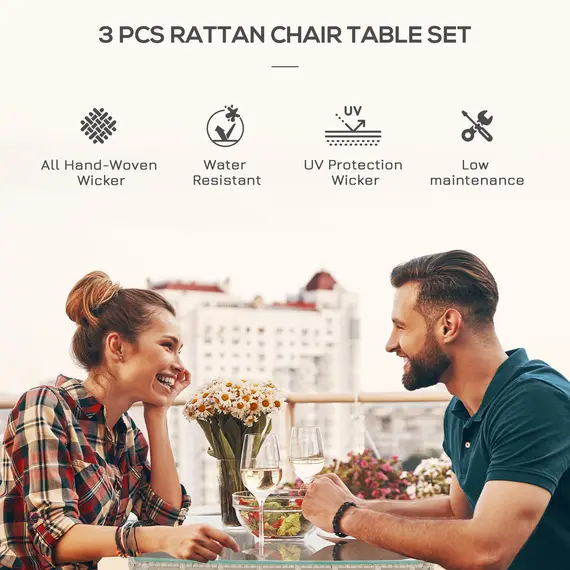 Buy 3 Pieces Rattan Bistro Set, Wicker Garden Furniture Set with 2-Tier Coffee Table and Chairs, Washable Cushions, for Outdoor Patio Balcony, Grey, 4 image
