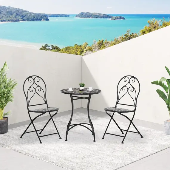 Buy 3 Piece Garden Bistro Set with Coffee Table and 2 Folding Chairs, Mosaic Tile Top and Seats, Metal Frame, for Patio Balcony, 7 image
