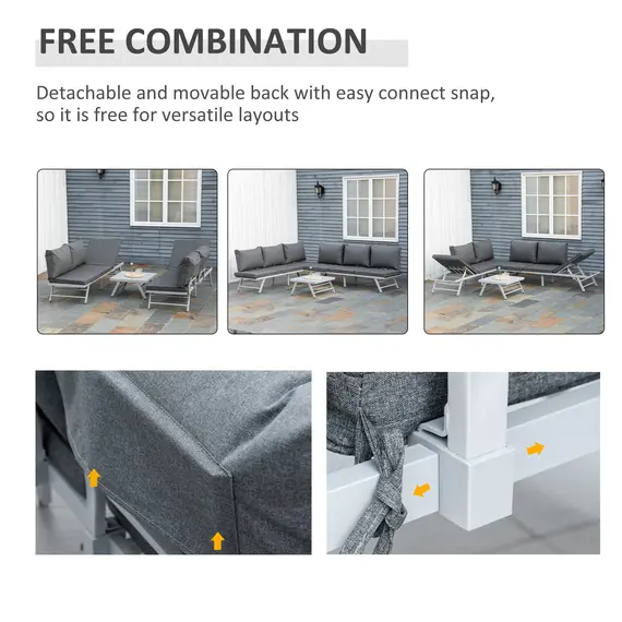 Buy 3 Pieces Garden Furniture Sets, 6 Seater Corner Sofa Set with Adjustable Backrest Chase Lounge with Slatted Metal Top Table, Padded Cushion, Grey, 6 image