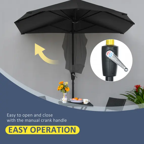 Buy 2m Half Parasol Market Umbrella Garden Balcony Parasol with Crank Handle, Base, Double-Sided Canopy, Black, 5 image