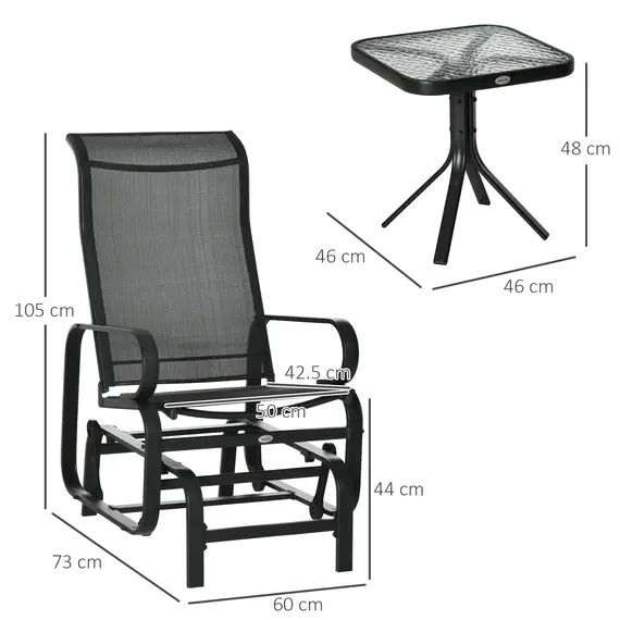 Buy 3 Pieces Garden Gliding Chair Set, Metal Frame 2 Single Armchair Swing Seater and 1 Glass Top Coffee Table w/ Breath Mesh Fabric Seat, Black, 3 image