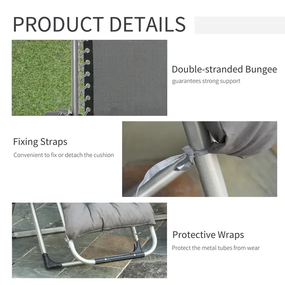 Buy 2pc Reclining Zero Gravity Sun Loungers ,Folding Chaise Lounge Chair with Cushions, Dark Grey, 5 image