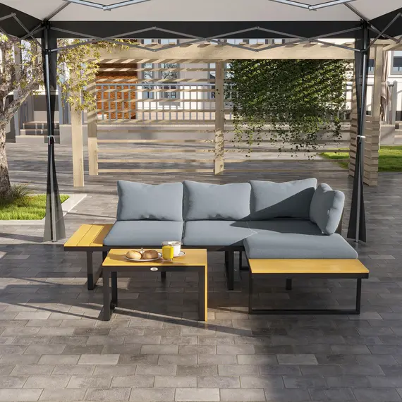 Buy 3 Pieces Patio Furniture Set, Outdoor Garden Sofa Conversation Set w/ Padded Cushions, Wood Grain Plastic Top Table and Side Panel, Dark Grey, 9 image