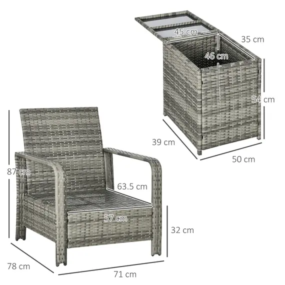 Buy 3 Pieces Rattan Bistro Set, Wicker Garden Furniture Set with Storage Coffee Table and Chairs, Thickened Cushions for Outdoor, Patio, Balcony, Orange, 3 image