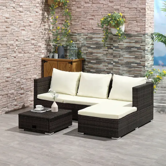 Buy 3 Pieces Rattan Garden Furniture Sofa Set, 4 Seater Garden Corner Sofa with 5-Level Reclining Sun Lounger and Storage Coffee Table, Outdoor Furniture Conservatory Set with Cushions, Brown, 2 image