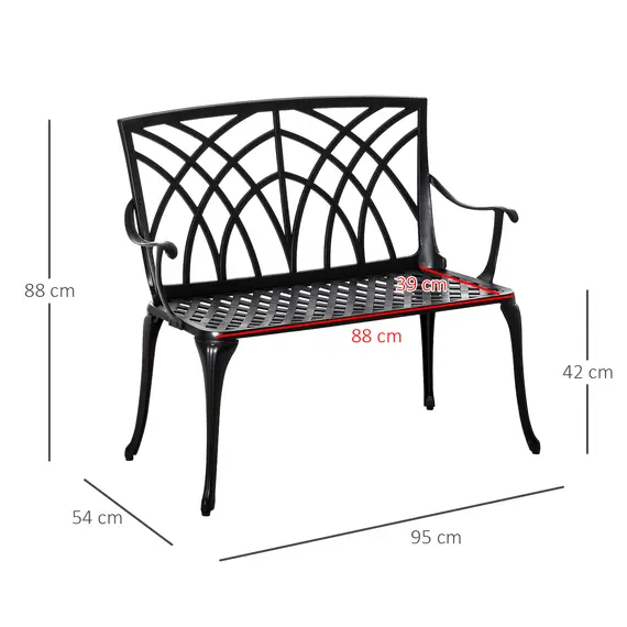 Buy 2-Seater Cast Aluminium Garden Bench Loveseat Outdoor Furniture Chair w/ Decorative Backrest & Ergonomic Armrest for Patio Terrace Porch, 3 image