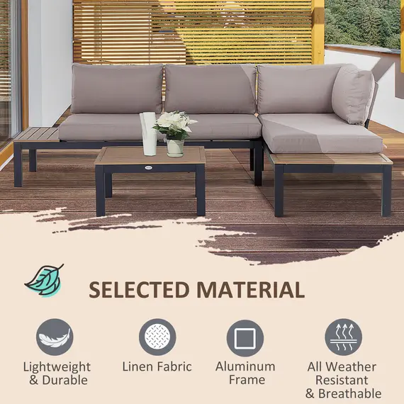 Buy 3 Pieces Garden Furniture Set, Aluminium 4 Seater Corner Sofa Set with 2 Loveseats, Coffee Table and Side Trays, Outdoor Conversation Furniture with Cushions for Garden, Black, 7 image