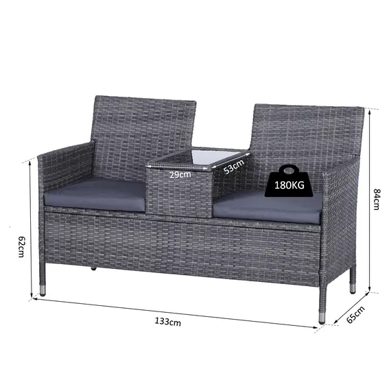 Buy 2-Seater PE Rattan Outdoor Garden Bench w/ Centre Table Grey, 3 image