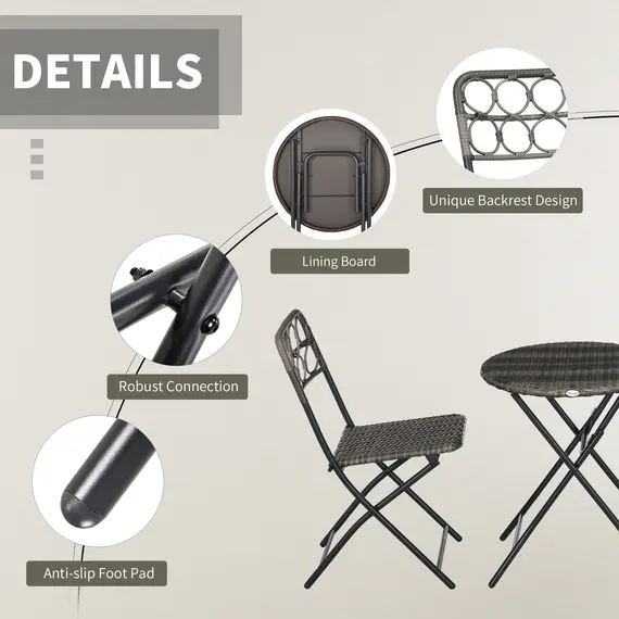 Buy 3 Pieces Rattan Bistro Set, Wicker Folding Garden Furniture Set with Coffee Table and Chairs for Outdoor, Patio, Balcony, Grey, 6 image