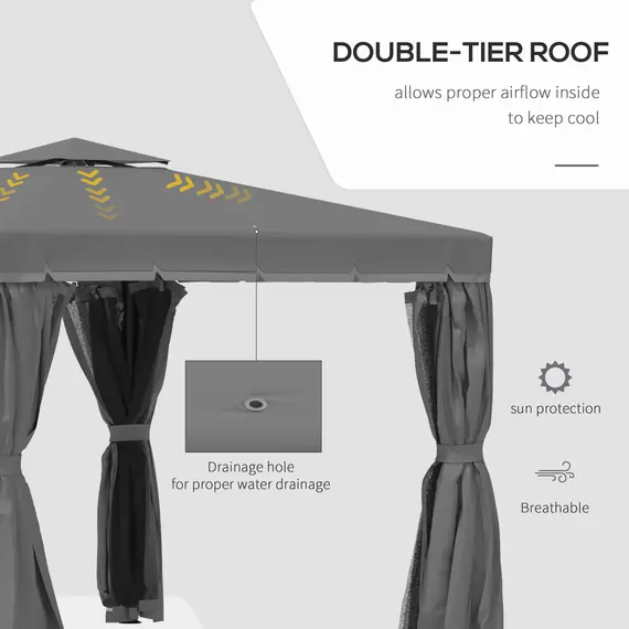 Buy 3 x 3(m) Patio Gazebo Canopy Garden Pavilion Tent Shelter Marquee with 2 Tier Water Repellent Roof, Mosquito Netting and Curtains, Aluminium Frame, Dark Grey, 4 image