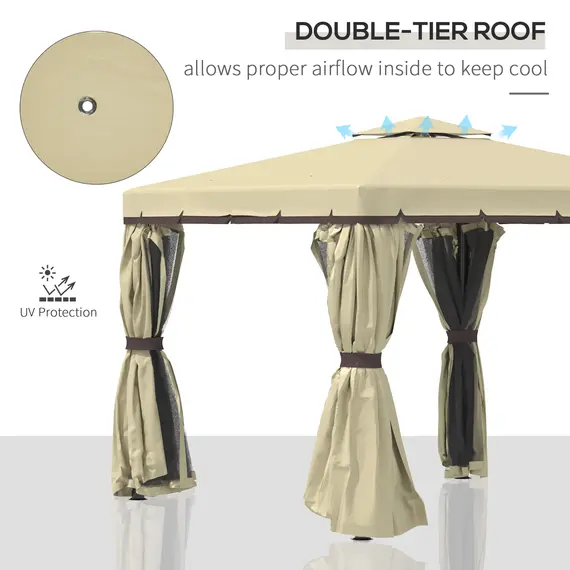 Buy 3 x 3(m) Patio Gazebo Canopy Garden Pavilion Tent Shelter with 2 Tier Water Repellent Roof, Mosquito Netting and Curtains, Aluminium Frame, Beige, 4 image