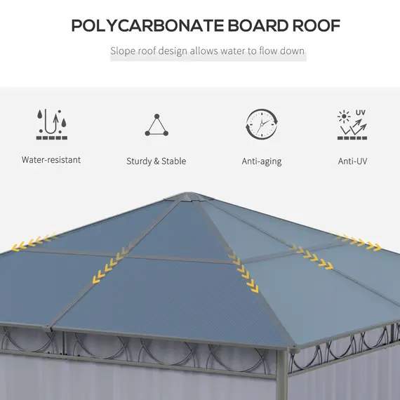 Buy 3 x 3(m) Hardtop Gazebo Canopy with Polycarbonate Roof, Permanent Pavilion Garden Gazebo with Curtains for Patio, Deck, Grey, 4 image