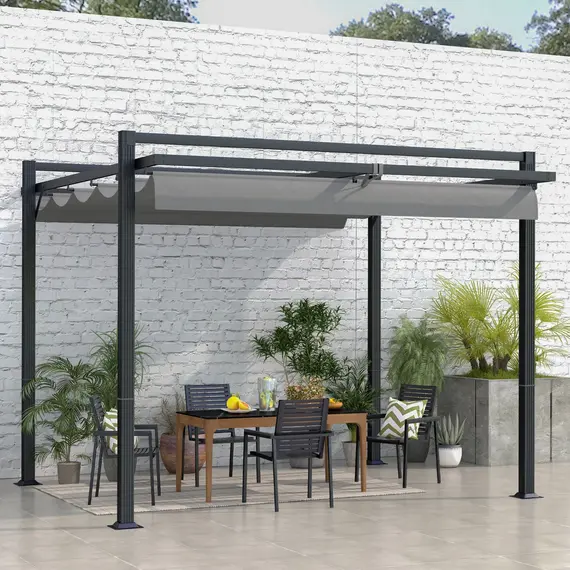 Buy 3 x 3(m) Retractable Pergola, Garden Gazebo Shelter with Aluminium Frame, for Grill, Patio, Deck, Dark Grey, 2 image