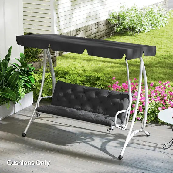 Buy 3 Seater Bench Pad, Garden Chair Cushion with Back and Ties for Indoor and Outdoor Use, 98 x 150 cm, Black, 2 image