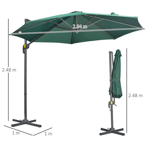 Buy 3 x 3(m) Cantilever Parasol with Cross Base, Garden Umbrella with 360° Rotation, Crank Handle and Tilt for Outdoor, Patio, Green, 3 image