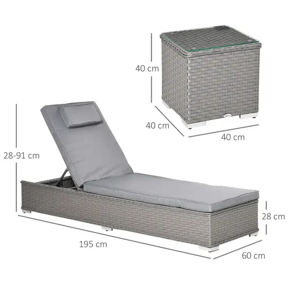 Buy 3 Pieces Rattan Sun Lounger Set with Aluminium Frame, 5-Position Adjustable Reclining Garden Chairs and Glass Top Table, Wicker Garden Furniture Daybed with Cushions for Patio, Grey, 3 image