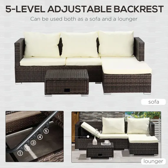 Buy 3 Pieces Rattan Garden Furniture Sofa Set, 4 Seater Garden Corner Sofa with 5-Level Reclining Sun Lounger and Storage Coffee Table, Outdoor Furniture Conservatory Set with Cushions, Brown, 7 image