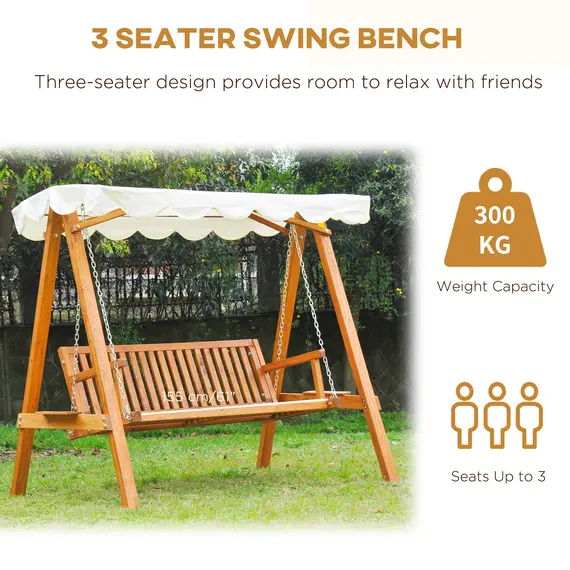 Buy 3 Seater Garden Swing Seat with Canopy, Wooden Swing Chair, Outdoor Hammock Bench for Balcony Patio Porch, Cream White, 6 image