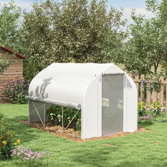 Buy 3 x 2(m) Walk-in Polytunnel Greenhouse, Zipped Roll Up Sidewalls, Mesh Door, 6 Mesh Windows, Tunnel Warm House Tent with PE Cover, Complimentary Plant Labels and Gloves, White, 2 image