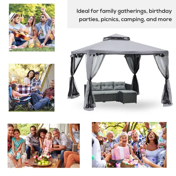 Buy 3 x 3 m Metal Gazebo, Garden Pavillion, Double Roof Outdoor Canopy Shelter with Mesh Sidewalls, Grey, 7 image