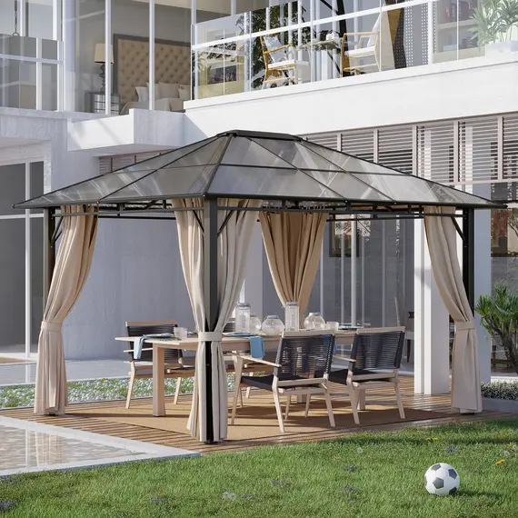 Buy 3 x 3.6m Hardtop Gazebo Canopy with Polycarbonate Roof Garden Pavilion with Removable Curtains and Steel Frame, Brown, 2 image