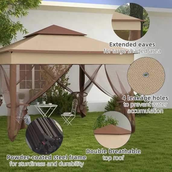 Buy 3 x 3(m) Pop Up Gazebo, Double-roof Garden Tent with Netting and Carry Bag, Party Event Shelter for Outdoor Patio, Khaki, 7 image