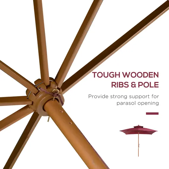 Buy 3 x 3(M) Garden Parasol Umbrella Sunshade, Outdoor Wooden Parasol with Double Tier Canopy, Wine Red, 6 image