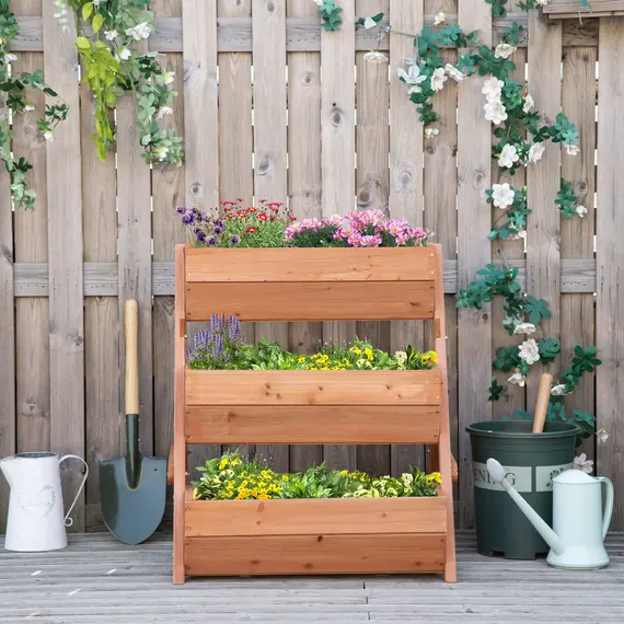 Buy 3 Tier Raised Garden Bed Wooden Elevated Planter Box Kit, 66L for Flower, Vegetable, Herb, 65x75x78cm, Brown, 7 image