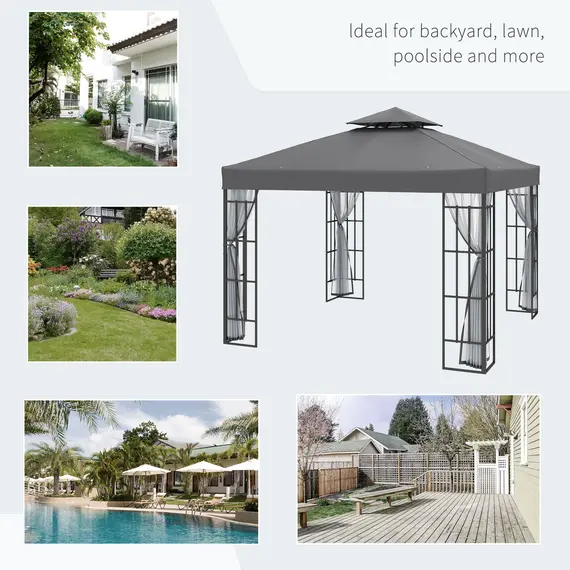 Buy 3 x 3(m) Patio Gazebo Canopy Garden Pavilion Tent Shelter with 2 Tier Roof and Mosquito Netting, Steel Frame, Grey, 7 image