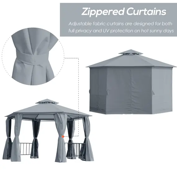 Buy 3 x 3(m) Hexagon Gazebo Patio Canopy Party Tent Outdoor Garden Shelter w/ 2 Tier Roof & Side Panel - Grey, 7 image