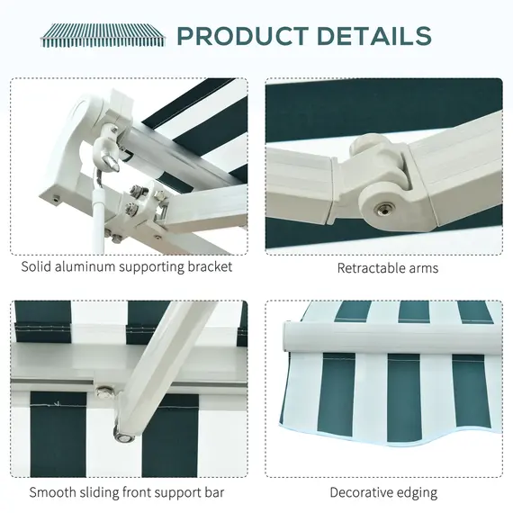 Buy 3 x 2.5m Patio Awning, Anti-UV and Waterproof Sun Shade Canopy with Chain Drive and Hand Crank, Green/White Stripes, 7 image