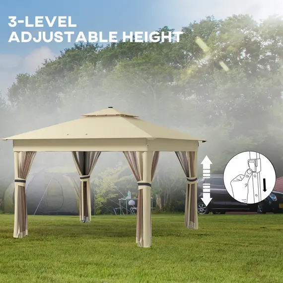 Buy 3 x 3(m) Pop Up Gazebo Party Tent with Solar-Powered LED Lights, Adjustable Event Shelter with Netting, Khaki, 7 image
