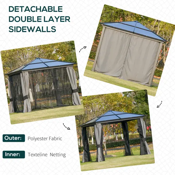 Buy 3 x 3(m) Hardtop Gazebo Canopy with Polycarbonate Roof, Aluminium Frame, Permanent Pavilion Garden Gazebo with Netting and Curtains for Patio, Deck, Dark Grey, 5 image