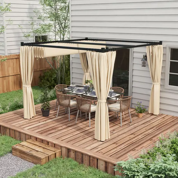 Buy 3 x 3(m) Retractable Pergola, Garden Gazebo Shelter with Curtains, for Grill, Patio, Deck, Beige, 2 image
