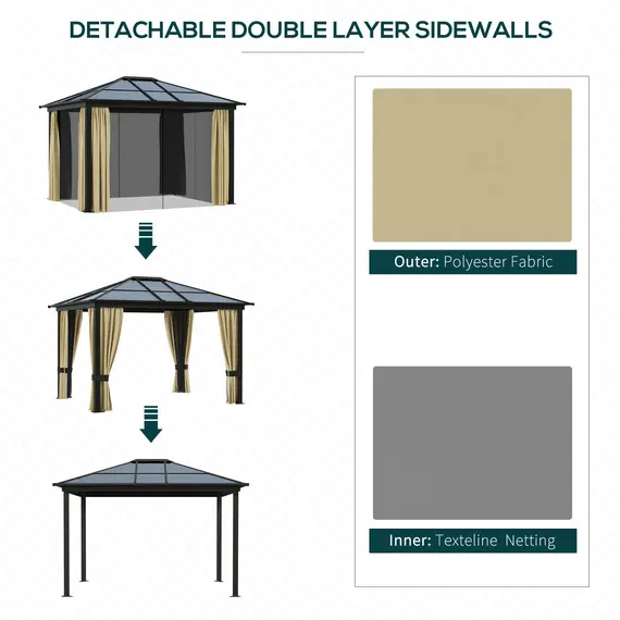 Buy 3 x 3.6(m) Hardtop Gazebo Canopy with Polycarbonate Roof and Aluminium Frame, Garden Pavilion with Mosquito Netting and Curtains, Brown, 5 image