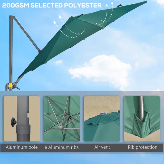 Buy 3 x 3(m) Cantilever Parasol with Cross Base, Garden Umbrella with 360° Rotation, Crank Handle and Tilt for Outdoor, Patio, Green, 7 image