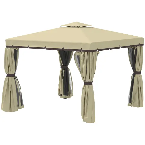 Buy 3 x 3(m) Patio Gazebo Canopy Garden Pavilion Tent Shelter with 2 Tier Water Repellent Roof, Mosquito Netting and Curtains, Aluminium Frame, Beige, 8 image